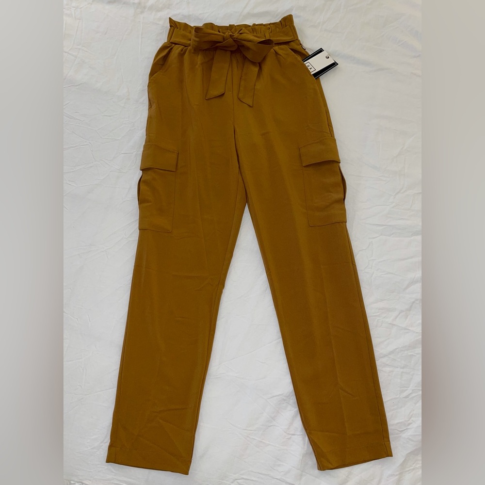 NWT HAVE Tan Cargo Jogger Pants w/ Tie Stretchy Paperbag Waist